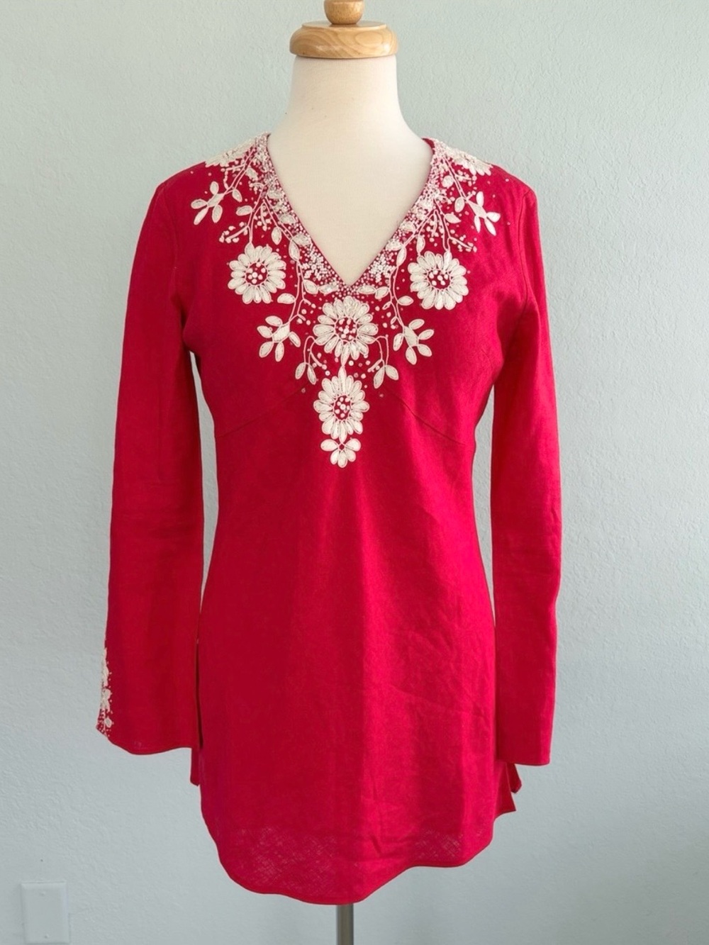 Lafayette 148 Cherry Red Linen Embroidered Beaded Tunic